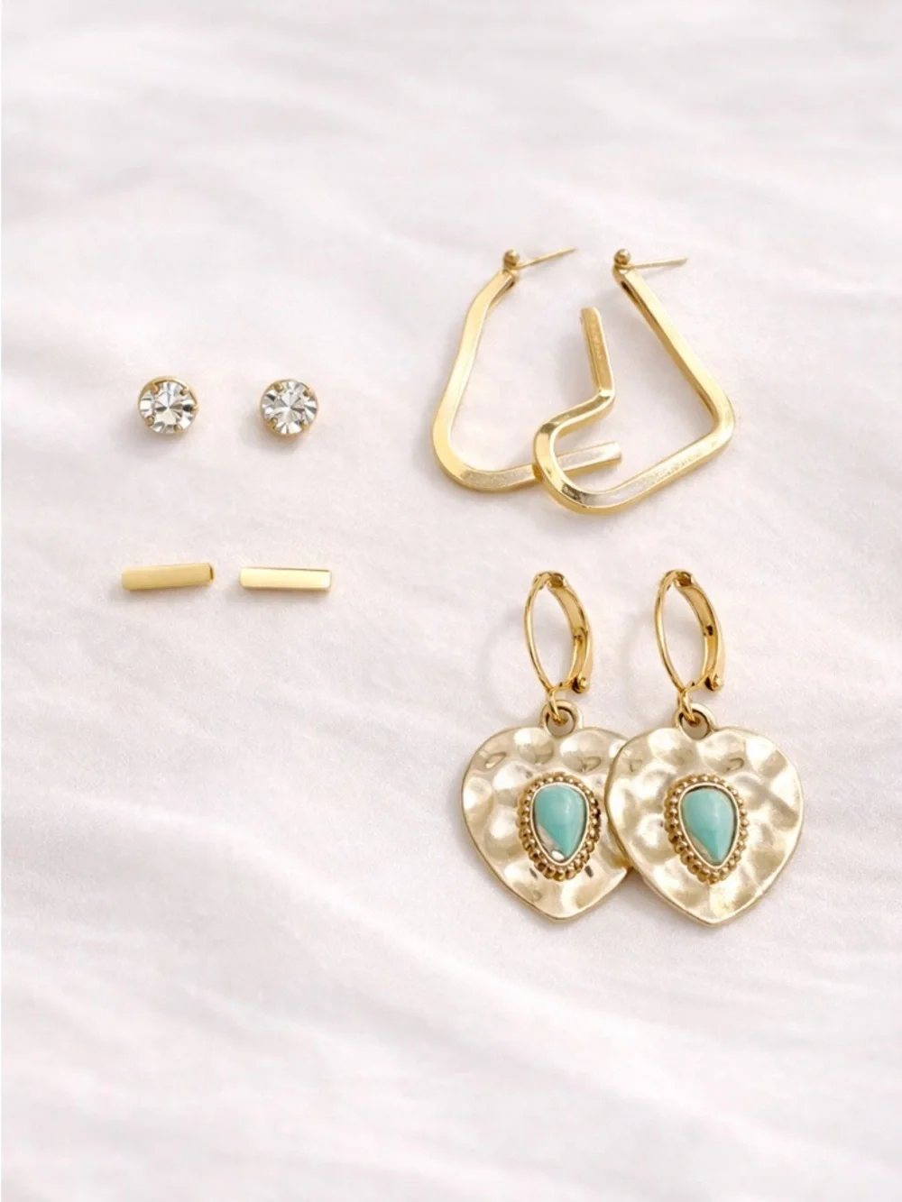 Gold Earring Set 4 Pairs Studs Hoops Heart Turquoise Statement Earrings NWT - Picture 2 of 2